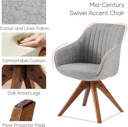 Swivel Desk Chair for Home Office, Fabric, Gray | No Wheels, Oka Wood Legs, Mid Century Modern, Upholstered, 360° Swivel, Accent Chair, Living Room, Bedroom - color: Grey, size: Fabric