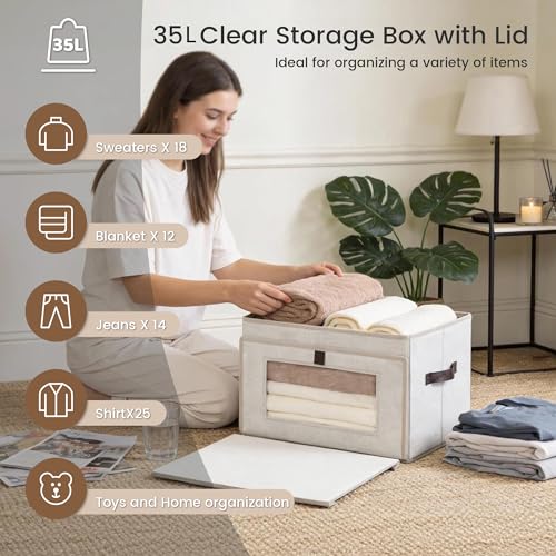 Magnetic Front Opening Fabric Storage Bins with Lids,16.5x11.8x11 in,4Pack | Domsanistor 35L Storage Box with Window for Closet, Shelf, Living Room,Beige - size: 16.9 Inch - 4 Pack