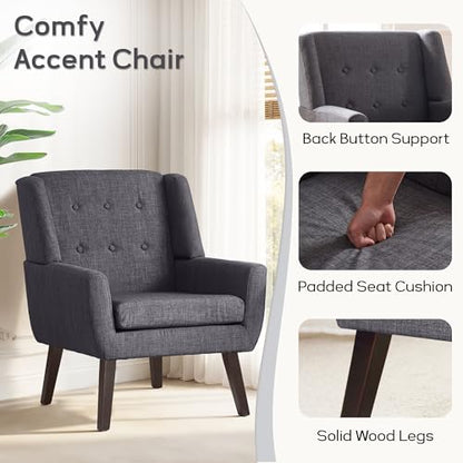HUIMO Accent Chair for Living Room,Upholstered Button Linen Armchair Chair | Mid Century Modern Tufted Armchair with Fabric,Comfy Arm Chairs for Club Living Room Reading Bedroom,Waiting Room Dark rey - color: Grey