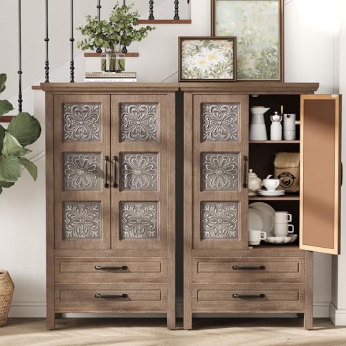 HOMPUS 48'' Tall Farmhouse Accent Cabinet with Doors, Modern Wood Storage Cabinet, Sideboard Buffet Cabinet with 2 Drawers & Shelves for Living Room, Entryway, Dining Room, Natural Wood - size: 27'' (2 Drawers & 2 Doors)