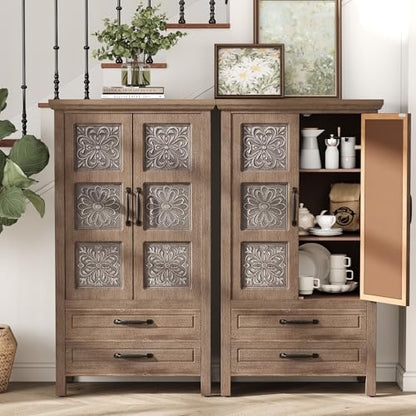 HOMPUS 48'' Tall Farmhouse Accent Cabinet with Doors, Modern Wood Storage Cabinet, Sideboard Buffet Cabinet with 2 Drawers & Shelves for Living Room, Entryway, Dining Room, Natural Wood - size: 27'' (2 Drawers & 2 Doors)