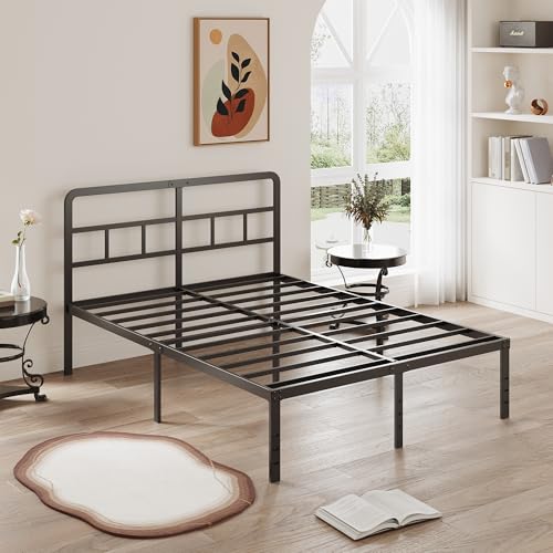 DiaOutro 16 Inch Full Size Metal Bed Frame with Headboard, Black | Heavy Duty Bed For Kids Adults, Steel Slat Supports No Box Spring Needed, Easy Assembly, Noise Free - size: Full, style: 16 Inch