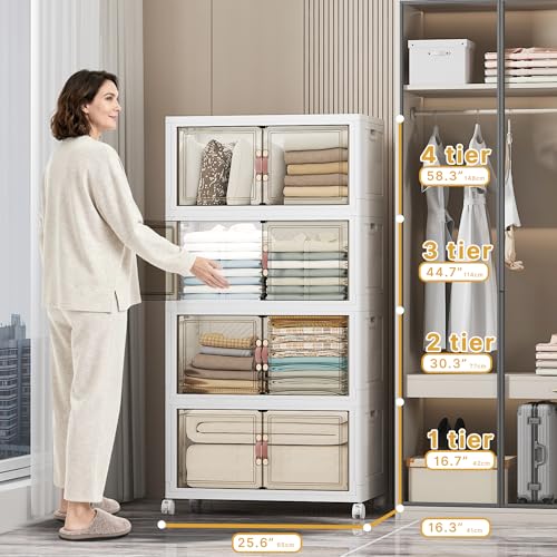 Stackable Storage Bins, 448QT Collapsible Drawers with Lid & Wheels | Large Capacity, Magnetic Door, Stack Lock, Rolling Casters, Foldable Design, Organizers and Storage for Bedroom Dorm Garage - color: White-112qt, size: 4Pack with 1 top lid