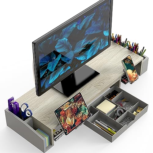 Simple Houseware Desk Dual Monitor Stand Riser with Drawer, Maple | Customizable Organizer Tray, Built-In Phone & Tablet Slot and Side Storage - color: Maple