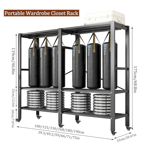 Heavy Duty Clothes Rack with Magnetic Door, Metal Foldable Covered Clothes Rack, Portable Wardroobe Closet System for Hanginng Clothes, Rolling Garmen (Agarwood Doors, 49.2in) - color: Agarwood Doors, size: 49.2in