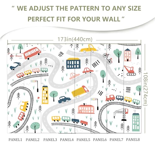 Kids Cartoon Wallpaper Car Roadmap Wall Mural | 173"x108", for Bedroom Living Room Bathroom, Textured Fabric, Not Peel and Stick - color: Mural 06, size: 173" x 108"