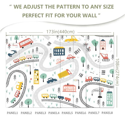 Kids Cartoon Wallpaper Car Roadmap Wall Mural | 173"x108", for Bedroom Living Room Bathroom, Textured Fabric, Not Peel and Stick - color: Mural 06, size: 173" x 108"