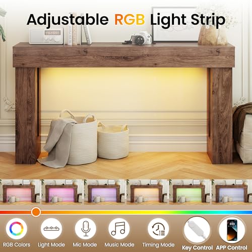 Apicizon 63" Long Console Table with LED Light, Farmhouse Entryway Table, Wooden Rectangular Sofa Table Behind Couch, Narrow Entrance Table for Living Room, Hallway, Foyer, Dark Brown - color: Dark Brown