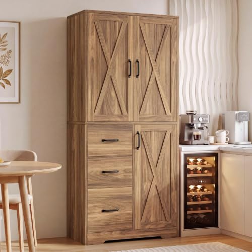 IRONCK Pantry Cabinet, Storage Cabinet with 3 Door & Drawer, Oak Brown | Adjustable Shelf. 67.5inch Tall. 5 Tier Freestanding. 150 lbs Per Shelf. Farmhouse Style. FSC-certified Wood. Anti-tip. - color: Oak Brown