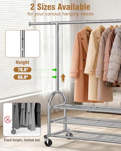 Heavy Duty Clothes Rack for Hanging Clothes Load 688 LBS, Height Adjustable Rolling Clothing Racks, Portable Metal Coat Rack Garment Wardrobe with Wheels and 3 Shelves for Bedroom, Silver - color: Silver, style: 3 Shelves