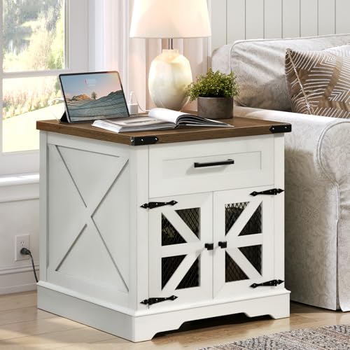 White Farmhouse End Table with Charging Station, 24" Large Sofa Side Table with Drawer, Large End Table for Living Room, Wooden Nightstand with Outlet, Square, White and Walnut - color: White and Walnut