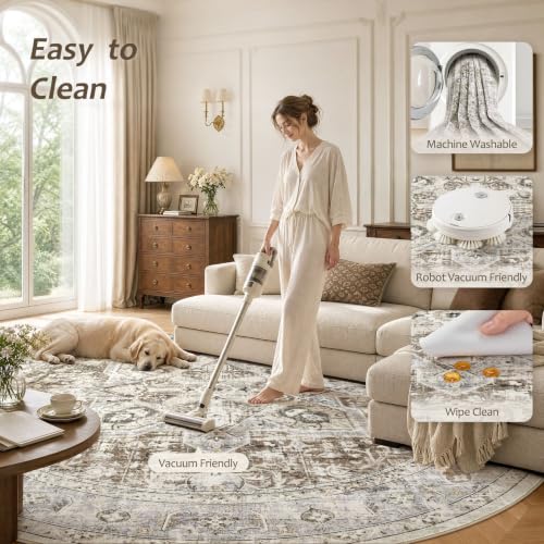 Tortania 4' Round Area Rug Living Room Rugs - Washable Boho Rug Vintage Oriental Distressed Farmhouse Large Thin Indoor Carpet for Bedroom Under Dining Table Home Office - Brown Blue - color: Brown Blue, size: 4' (Round)