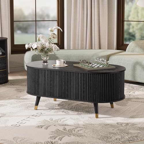 SULIVES Oval Coffee Table with Storage,Multifunctional Lift Top Drum Coffee Table, Small Fluted Center Table for Living Room, Black - color: Black_oval