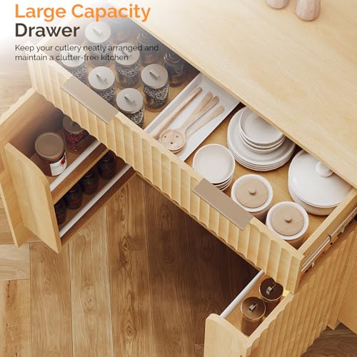 VINGLI Kitchen Island Cart with Storage, Rolling Kitchen Cart on Wheels with Foldable Drop Leaf, 15.35 x 31.15 x 34.45 Inches, Rubber Wood Top, Drawer and Door Cabinet, Oak