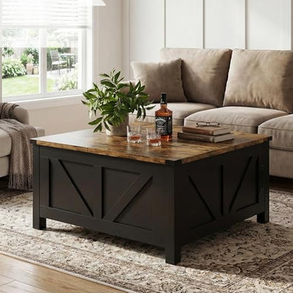 35” Farmhouse Coffee Table with Large Storage, Rustic Wood Lift Top Coffee Table for Living Room, Square Center Table with Charging Station&USB, Modern Port Pottery Barn Lift top Table - color: Black