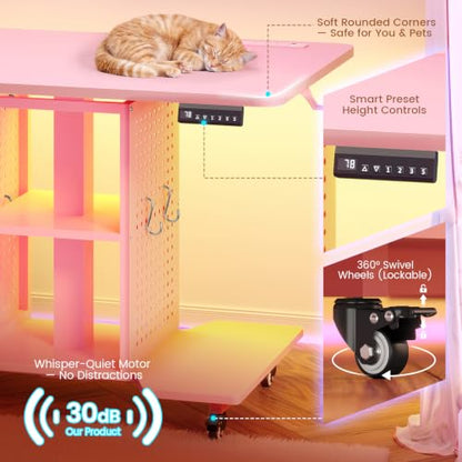 SEDETA Small Standing Gaming Desk, 31.5" Rolling Computer PC Desk Electric Height Adjustable with Power Outlet, Pegboard & Storage Shelves, LED Light, for Small Spaces/Bedroom/Gaming/Girl Room, Pink - color: Pink