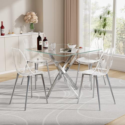 Baysitone Clear Dining Chairs Set of 4, Modern Kitchen Chairs with Transparent Seat, Acrylic Accent Side Chairs with Metal Legs for Dining Room, Kitchen, Living Room with Silver - color: Silver, size: Set of 4
