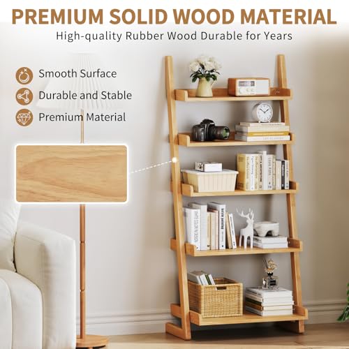 Uniclinens Natural Wooden Ladder Shelf, 5-Tier Ladder Bookshelf, Ladder Shelf Bookcase for Compact Spaces, Wooden Bookshel for Living Room, Bedroom, Home Office,(23.6''Dx15.7''Wx55.1''H) - color: Natural
