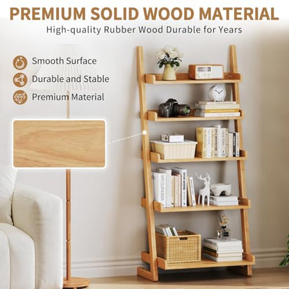 Uniclinens Natural Wooden Ladder Shelf, 5-Tier Ladder Bookshelf, Ladder Shelf Bookcase for Compact Spaces, Wooden Bookshel for Living Room, Bedroom, Home Office,(23.6''Dx15.7''Wx55.1''H) - color: Natural