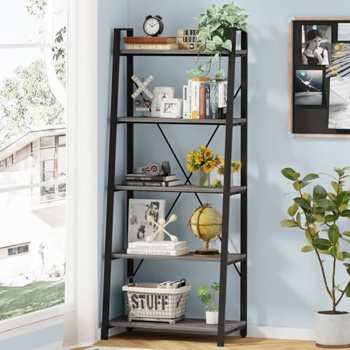 5-Tier Ladder Shelf, Industrial Leaning Bookcase, Wood and Metal Ladder Bookshelf for Living Room, Bedroom, Kitchen, Home Office (Grey Oak) - color: Grey Oak, size: 5-Tier
