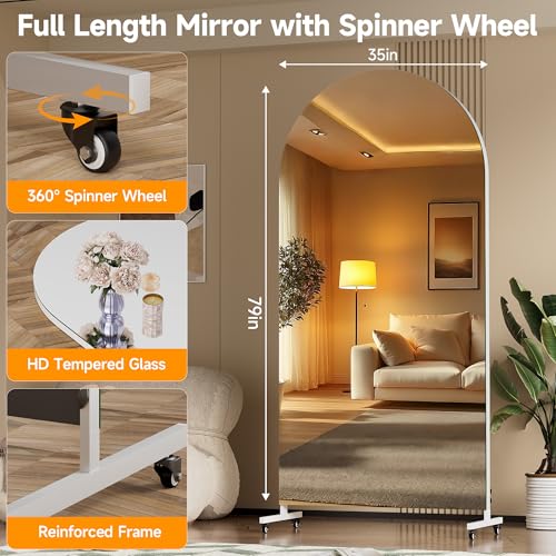 Hasipu 79" x 36" Arched Full Length Mirror on Wheels | HD tempered glass, sturdy aluminum frame, 4 smooth casters with locks, ideal for yoga, dance studio, bedroom & home gym. - size: 79"L x 36"W