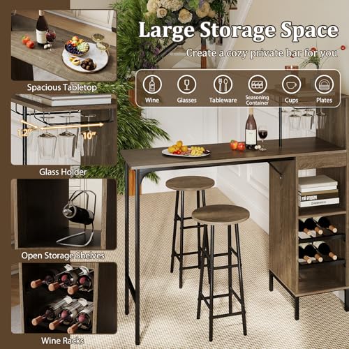 GOFLAME Bar Table Set for 2, Counter Height Dining Table Set with Shelves, Cup Holder & Wine Rack, Breakfast Table & Stools Set, 3-Piece Pub Table Set for Kitchen, Dining Room, Grey Oak - color: Grey Oak