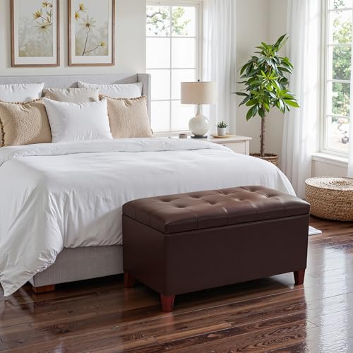 Storage Ottoman Bench, 33 Inches Faux Leather Rectangle Tufted Foot Stool for End Foot of Bed, Bedroom, Living Room, Brown - color: Brown Faux Leather