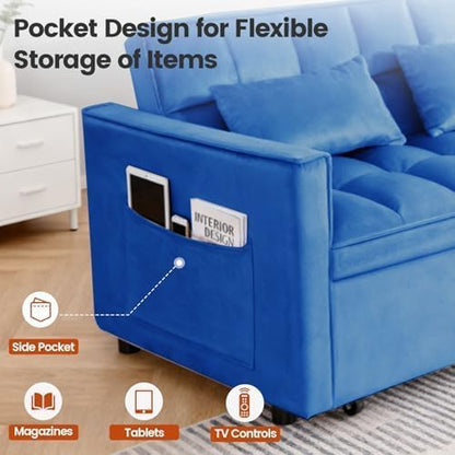 Sleeper Sofa Bed with Adjustable Backrest & Side Pockets, Blue | Adjustable Backrest & Side Pockets,Pull Out Sofa,Comfortable Fabric - color: S-blue-4pa