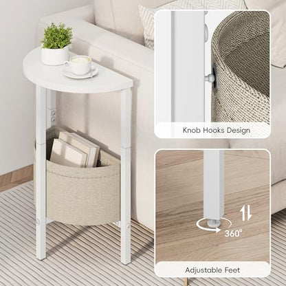 Side Table, Small Round End Table, Tall Accent Table with Storage Basket, Set of 2 Half Round Coffee Tables Half Moon Tables, Bedside Table, Modern Nightstand for Living Room Bedroom, White - color: White