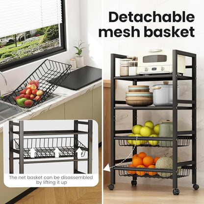 4-Tier Metal Rolling Cart with Removable Grid Shelves, Lockable Wheels & Handle for Kitchen, Bathroom, Office Storage, Black (Medium) - size: 19.7 in
