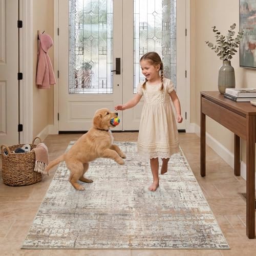 3x5 Entryway Rug,Beige Washable Bedroom Area Rug | Machine Washable, Non-Slip, Stain Resistant Low Pile Modern Carpet with Rubber Backing for Dining Room Kitchen Home Decor - color: Beige Grey, size: 3' x 5' (Rectangular)