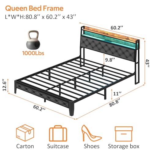 Winkalon Queen Bed Frame with Ergonomic Headboard, Platform Bed Frame with RGB Lights, Outlets & Charger, Fast Assembly Bed Queen Size, Modern Wood Upholstered Headboard,Gray - size: Queen