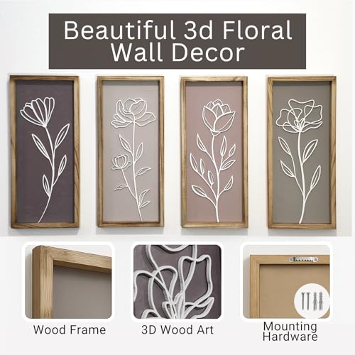 3D Wooden Floral Bathroom Wall Decor, Set of 4 Framed Wall Art | For Living Room, Bedroom, Dining, Office & Kitchen – Boho Botanical Wall Hanging, Modern Farmhouse Home Decor & Gift