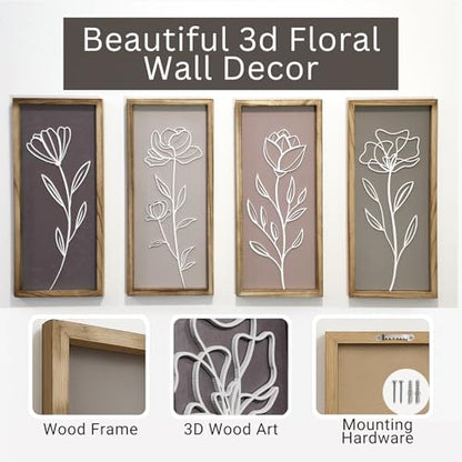 3D Wooden Floral Bathroom Wall Decor, Set of 4 Framed Wall Art | For Living Room, Bedroom, Dining, Office & Kitchen – Boho Botanical Wall Hanging, Modern Farmhouse Home Decor & Gift