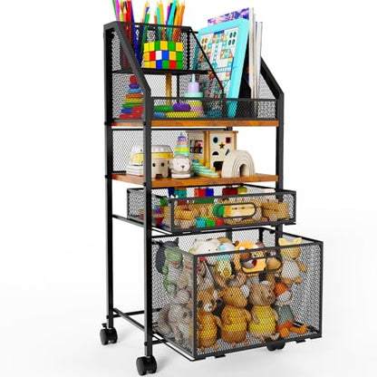 Rolling Cart with Drawers Metal Moving Craft Storage Cart with Lockable Wheels Wood&Mesh Rolling Utility Organizer Filing Cabinets for Home Office Classroom Organization(31 * 15 * 10 Inch)