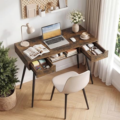 GIANTEX Mid Century Modern Computer Desk with Drawers, 42.5" Writing Desk with Open Storage Cubby, Vanity Table with Metal Leg, Compact Wooden Study Table for Small Spaces Home Office (Rustic Brown) - color: Rustic Brown