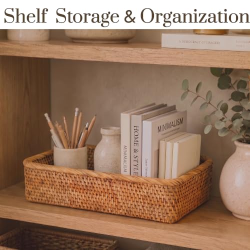 Yangqihome Natural Rattan Storage Baskets, Rectangular Woven Fruit Baskets, Decorative Wicker Basket and Small Baskets for Organizing (Set of 3) - size: Natural S / M / L