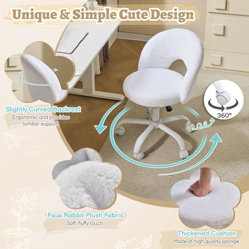 VINGLI Small Vanity Chair with Faux Fur Wheels for Girls,Cute Adjustable Height Armless Office Desk Chair,360°Swivel Comfy Rolling for Study,Make up Room,Small Space,White - color: Furry White