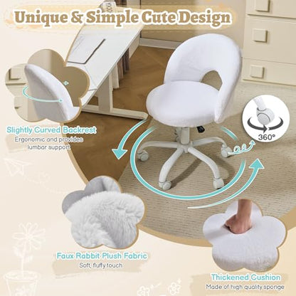 VINGLI Small Vanity Chair with Faux Fur Wheels for Girls,Cute Adjustable Height Armless Office Desk Chair,360°Swivel Comfy Rolling for Study,Make up Room,Small Space,White - color: Furry White