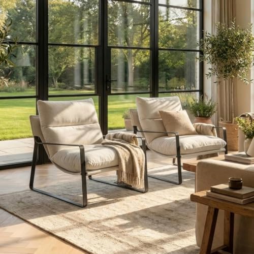 Set of 2 Modern Accent Chair, Chenille Living Room Chair, Beige | Comfy Armchairs, Upholstered Lounge Armchair, Removable Seat Cushion, Black Metal Frame, For Reading Room, Bedroom, Balcony - color: Beige, size: 2PCS