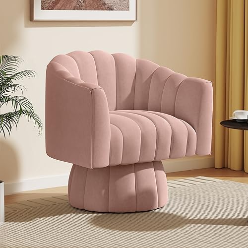 Dewhut Swivel Accent Chair, Barrel Accent Chair, Velvet, Pink | Velvet Upholstered Round Arm Chair with 360° Swivel Base, Mid Century Modern Living Room Chair, Easy Setup - color: Pink