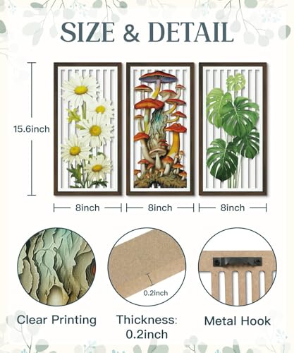 Putuo Decor Botanical Wall Art Set of 3, Nature-Inspired Wooden Panels Featuring Daisies, Mushrooms, and Monstera Leaves for Living Room Bedroom Office, Boho Rustic Decor - color: Botanical, Rustic, Floral