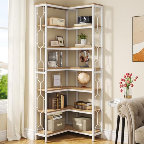 Tribesigns Corner Shelf, 7-Tier Industrial Corner Bookshelves and Bookcases | Corner Display Shelf for Living Room, Wood and Metal Bookshelf, Corner Bookcase for Home Office, Wood and White - color: White and Walnut