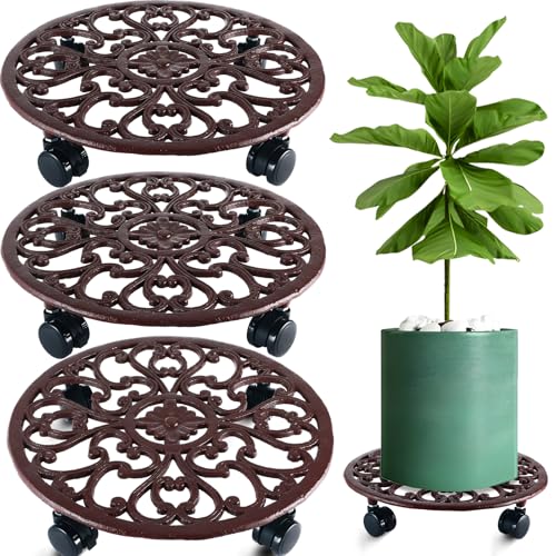 3 Packs 14 Inch Rolling Plant Stand with Wheels Metal Plant Caddy with Wheels Heavy Duty Round Plant Stand Indoor Iron Plants Rollers for Plants, Plant Dolly Brown - color: Brown, size: 14 inch: 3 pcs