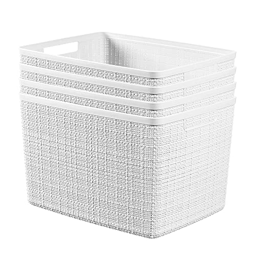 Curver Set of 4 Large 20L Jute Decorative Plastic Organization and Storage Baskets - Perfect Bins for Home Office, Closet Shelves, Kitchen Pantry and All Bedroom Essentials, White - color: White, size: Large 20L