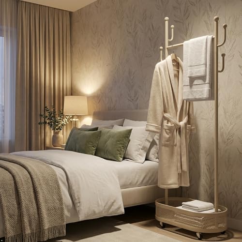 Cream White Wheeled Cactus Metal Coat Rack Freestanding Garment | Organizer Double Sided, Modern Style, Powder Coated, for Entryway and Bedroom, 24x14x66.93 Inches - color: Off-White