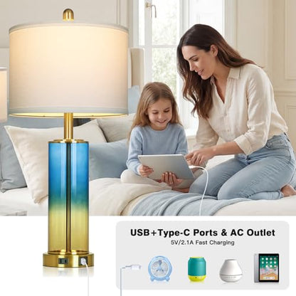 Ruzectt 26" Blue and Gold Glass Lamps Set of 2, 3-Way Dimmable Touch Coastal Bedroom Table Lamp with USB C+A Ports & AC Outlet, Elegant Brass Living Room Lamp, Nautical Bedside Lamps for Night Stands - color: Blue and Gold