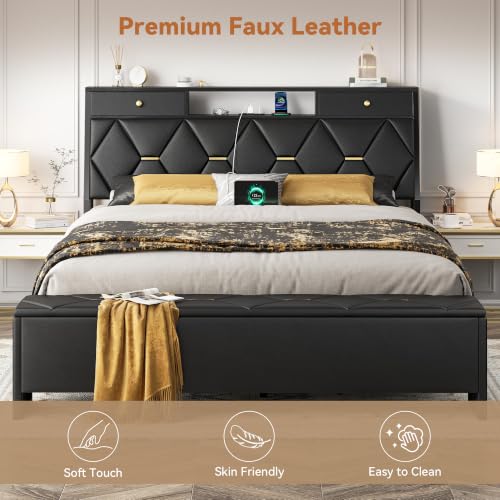 FreeHouse Full Size Bed Frame with Headboard & Storage, All Metal Structure | PU Leather Upholstered Bed Frame Full Size with Charging Station, Diamond Tufted, Gold Accents, No Box Spring Needed, Black - color: Black, size: Full