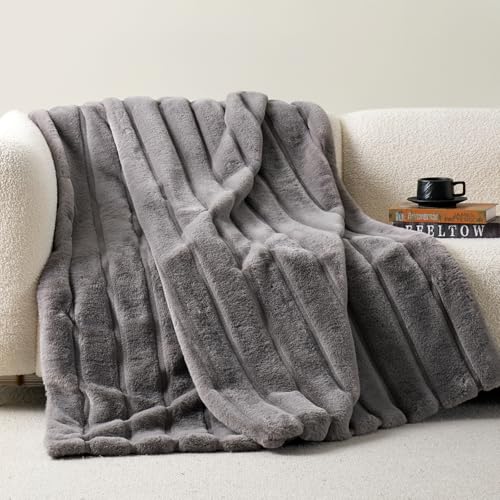 Cozy Bliss Deluxe Sheared Rabbit Faux Fur Throw Blanket, Soft Fuzzy High-Low Sculpted Plush Blanket for Couch, Cozy Home Accent, All Season Use, Grey 50"x60" - color: Stripe - Grey, size: Throw(50" x 60")