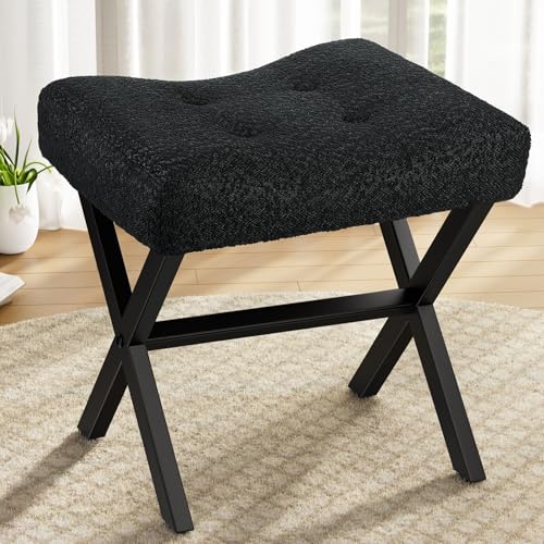 18-Inch Large Vanity Stool Chair, Black Makeup Stool | Teddy Flannel Vanity Bench, Metal X-Leg, 350 LBS, 20"x16.9"x18", Ottoman Accent Stool, Breathable Soft Padded Saddle Seat - size: Large, style: Black Fabric